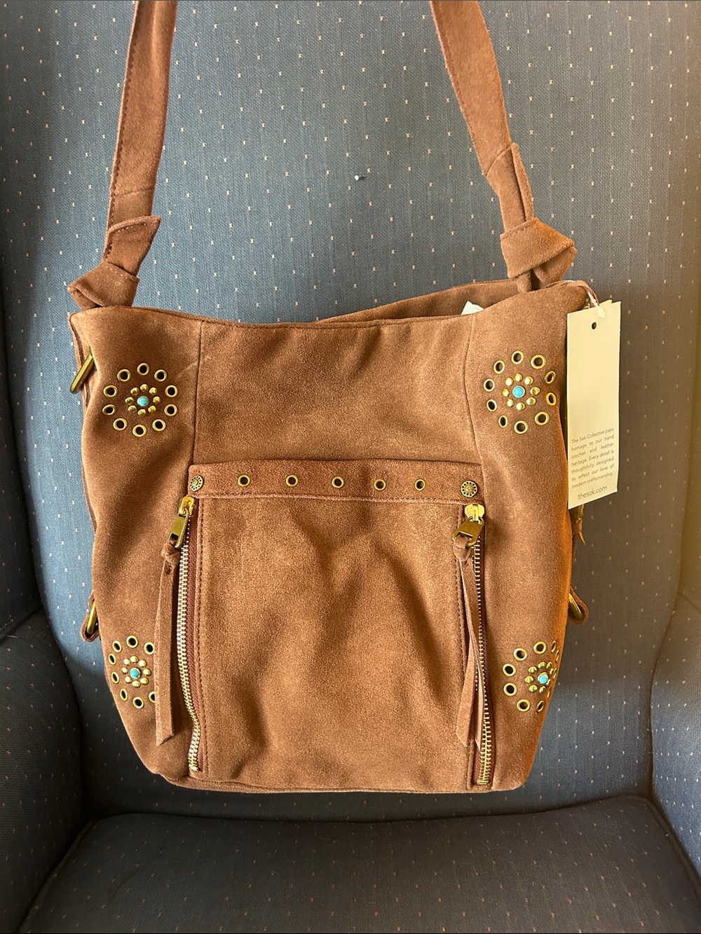 The Sak Brown Suede Studded Shoulder Bag with Turquoise Accents